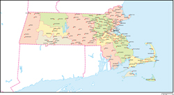 マサチューセッツ州郡色分け地図州都・主な都市あり(英語)の小さい画像