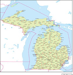 ミシガン州地図州都・主な都市あり(英語)の小さい画像
