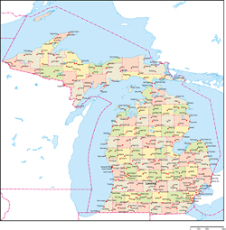ミシガン州郡色分け地図州都・主な都市あり(英語)の小さい画像