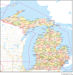 ミシガン州郡色分け地図州都・主な都市・道路あり(英語)の小さい画像