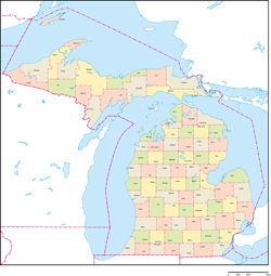 ミシガン州郡色分け地図郡名あり(英語)の小さい画像