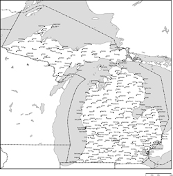 ミシガン州白地図州都・主な都市あり(英語)の小さい画像