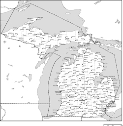 ミシガン州郡分け白地図州都・主な都市あり(英語)の小さい画像