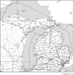 ミシガン州郡分け白地図州都・主な都市・道路あり(英語)の小さい画像