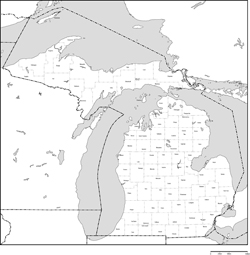 ミシガン州郡分け白地図郡名あり(英語)の小さい画像