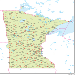 ミネソタ州地図州都・主な都市あり(英語)の小さい画像