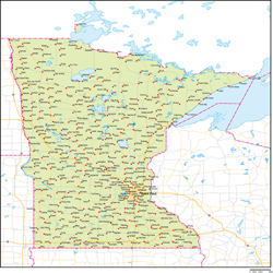 ミネソタ州地図州都・主な都市・道路あり(英語)の小さい画像