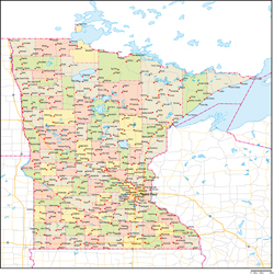 ミネソタ州郡色分け地図州都・主な都市・道路あり(英語)の小さい画像
