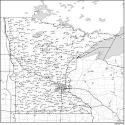 ミネソタ州白地図州都・主な都市・道路あり(英語)の小さい画像