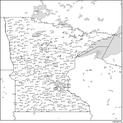 ミネソタ州郡分け白地図州都・主な都市あり(英語)の小さい画像