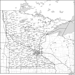 ミネソタ州郡分け白地図州都・主な都市・道路あり(英語)の小さい画像