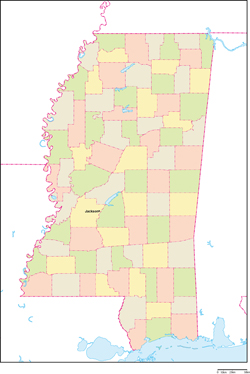 ミシシッピ州郡色分け地図州都あり(英語)の小さい画像