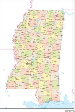 ミシシッピ州郡色分け地図州都・主な都市あり(英語)の小さい画像