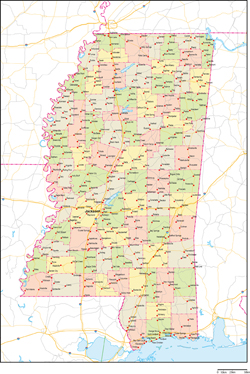 ミシシッピ州郡色分け地図州都・主な都市・道路あり(英語)の小さい画像
