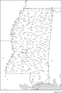 ミシシッピ州白地図州都・主な都市あり(英語)の小さい画像