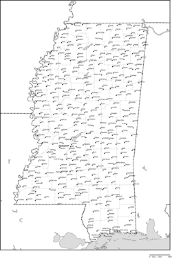 ミシシッピ州郡分け白地図州都・主な都市あり(英語)の小さい画像