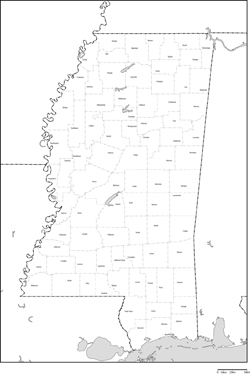 ミシシッピ州郡分け白地図郡名あり(英語)の小さい画像