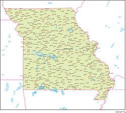 ミズーリ州地図州都・主な都市あり(英語)の小さい画像