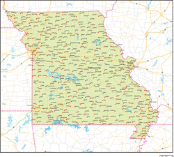 ミズーリ州地図州都・主な都市・道路あり(英語)の小さい画像