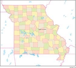 ミズーリ州郡色分け地図州都あり(日本語)の小さい画像