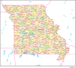 ミズーリ州郡色分け地図州都・主な都市あり(英語)の小さい画像
