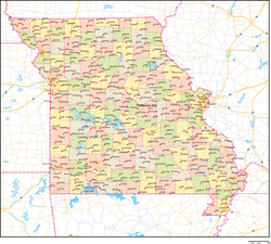 ミズーリ州郡色分け地図州都・主な都市・道路あり(英語)の小さい画像