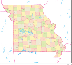 ミズーリ州郡色分け地図郡名あり(日本語)の小さい画像