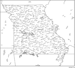 ミズーリ州郡分け白地図州都・主な都市あり(英語)の小さい画像