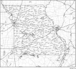 ミズーリ州郡分け白地図州都・主な都市・道路あり(英語)の小さい画像