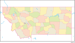 モンタナ州郡色分け地図州都あり(日本語)の小さい画像