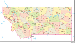 モンタナ州郡色分け地図州都・主な都市あり(英語)の小さい画像