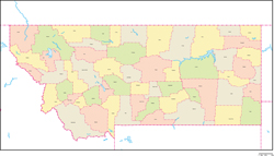モンタナ州郡色分け地図郡名あり(英語)の小さい画像