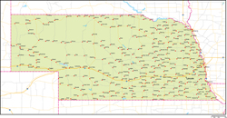 ネブラスカ州地図州都・主な都市・道路あり(英語)の小さい画像