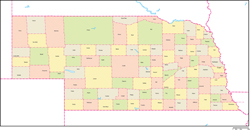 ネブラスカ州郡色分け地図郡名あり(英語)の小さい画像