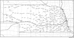ネブラスカ州白地図州都・主な都市・道路あり(英語)の小さい画像