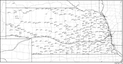 ネブラスカ州郡分け白地図州都・主な都市・道路あり(英語)の小さい画像