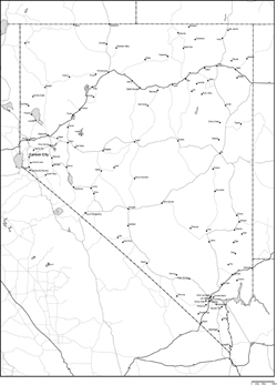 ネバダ州白地図州都・主な都市・道路あり(英語)の小さい画像