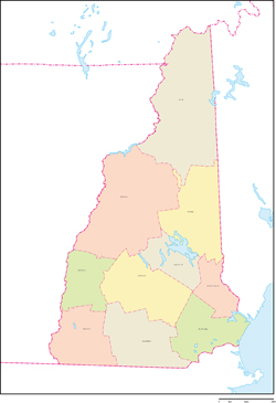 ニューハンプシャー州郡色分け地図郡名あり(日本語)の小さい画像