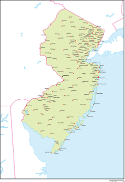 ニュージャージー州地図州都・主な都市あり(英語)の小さい画像