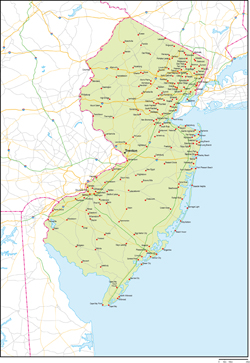 ニュージャージー州地図州都・主な都市・道路あり(英語)の小さい画像