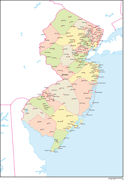 ニュージャージー州郡色分け地図州都・主な都市あり(英語)の小さい画像