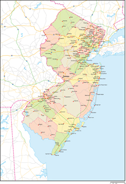 ニュージャージー州郡色分け地図州都・主な都市・道路あり(英語)の小さい画像