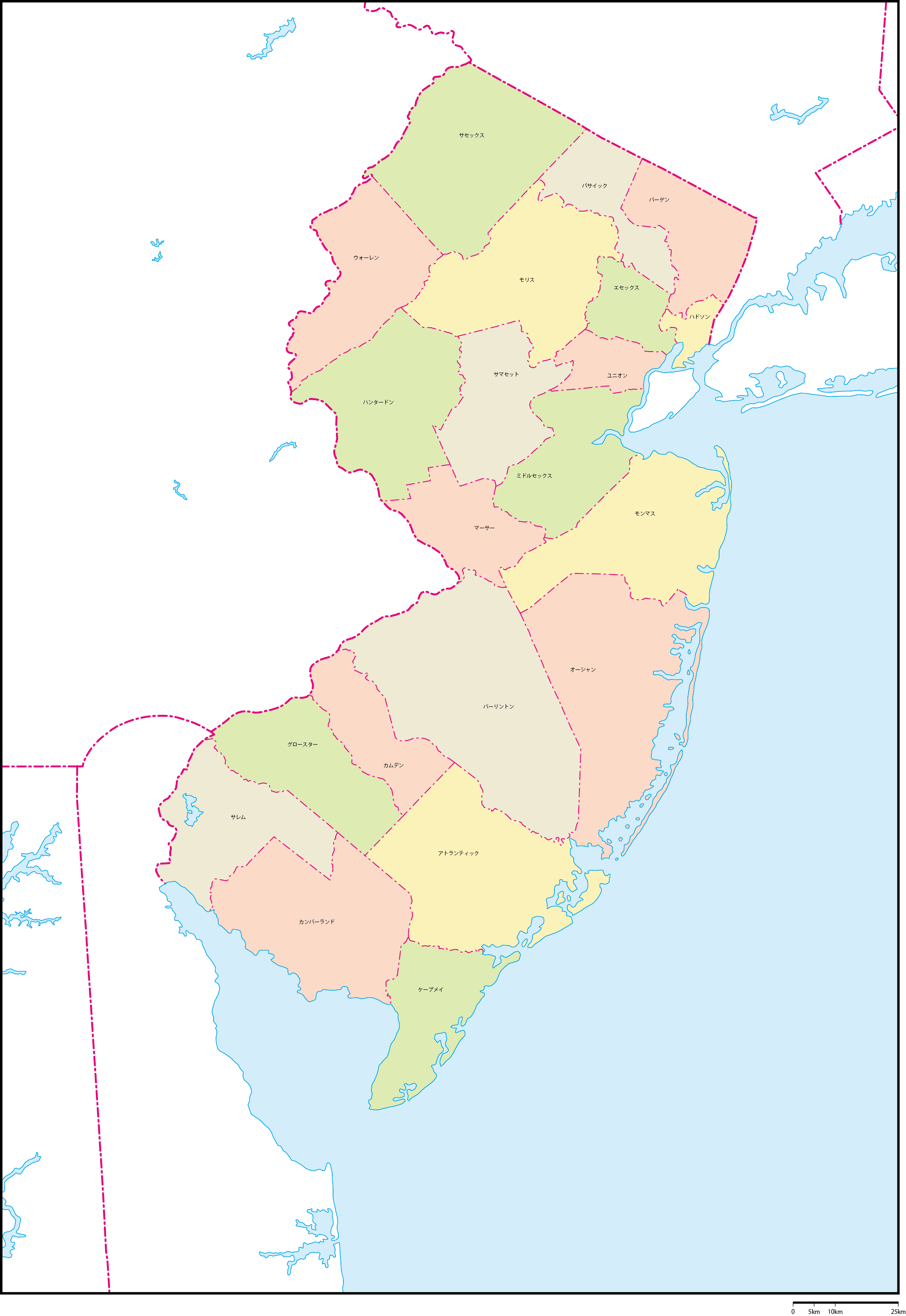 アメリカの地図 白地図 ニュージャージー州の地図