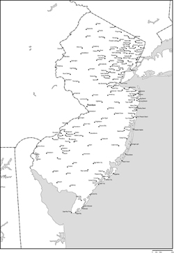 ニュージャージー州白地図州都・主な都市あり(英語)の小さい画像