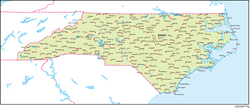 ノースカロライナ州地図州都・主な都市あり(英語)の小さい画像