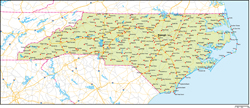 ノースカロライナ州地図州都・主な都市・道路あり(英語)の小さい画像