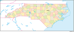 ノースカロライナ州郡色分け地図州都あり(英語)の小さい画像