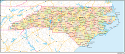 ノースカロライナ州郡色分け地図州都・主な都市・道路あり(英語)の小さい画像