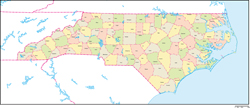 ノースカロライナ州郡色分け地図郡名あり(英語)の小さい画像