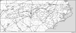 ノースカロライナ州白地図州都・主な都市・道路あり(英語)の小さい画像